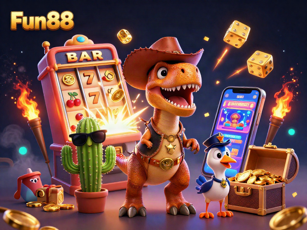 Play fun casino games with Fun88 in a vibrant 3D scene full of excitement and jackpots