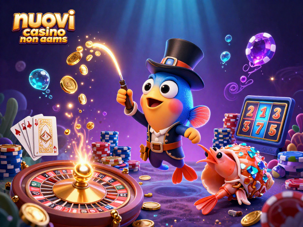 Illustrazione 3D con nuovi casino non aams, pesci e tesori fluttuanti in un ambiente subacqueo luminoso.