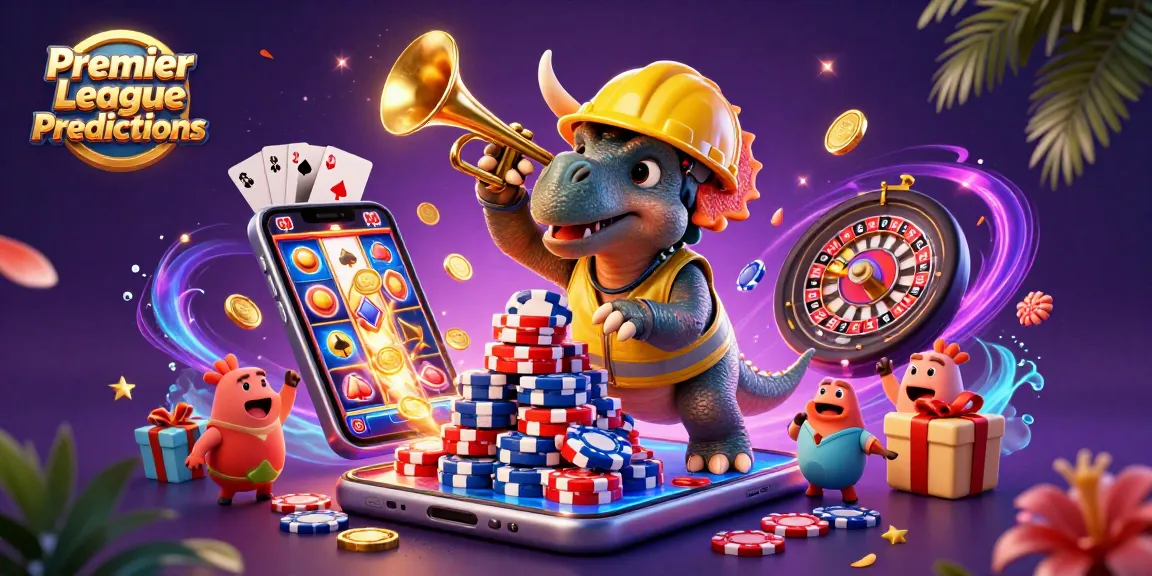 Engage in Premier League Predictions with a vibrant scene of gambling elements and cheerful dinosaurs.