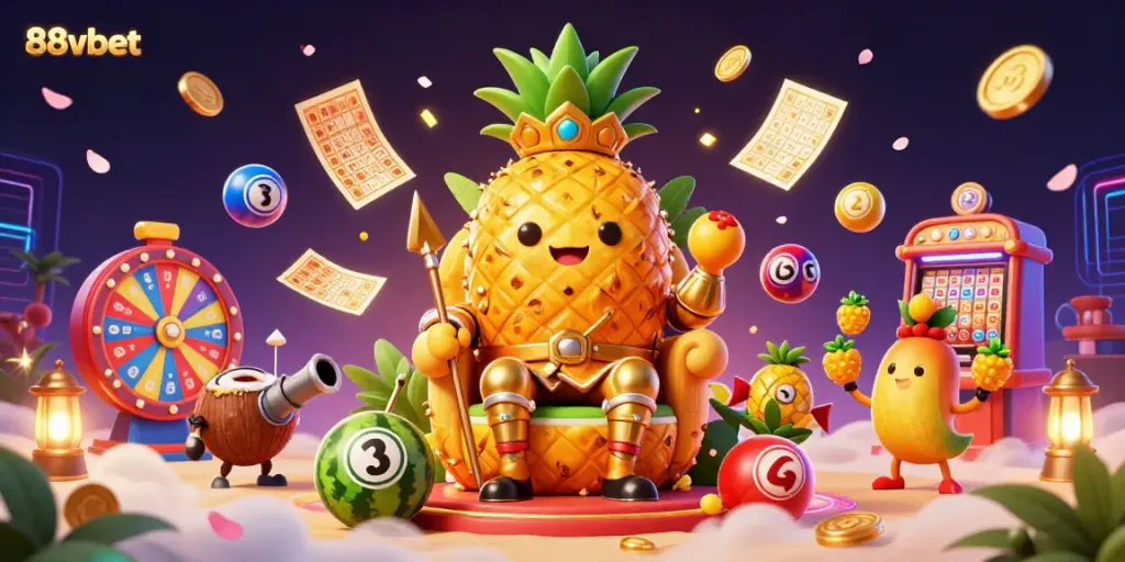 Experience the exciting gaming world of 88vbet with a vibrant 3D illustration featuring a golden pineapple king and dynamic casino elements.