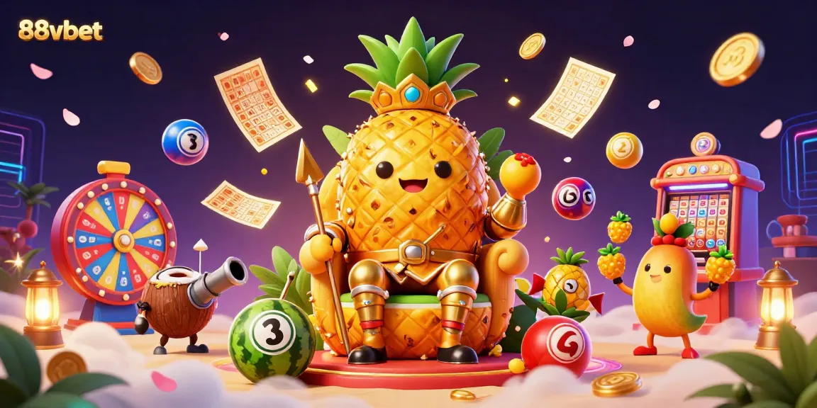 Experience the exciting gaming world of 88vbet with a vibrant 3D illustration featuring a golden pineapple king and dynamic casino elements.