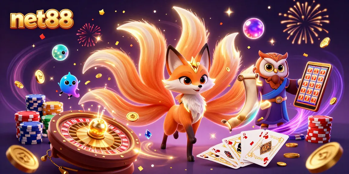 Experience excitement with net88's vibrant 3D illustration featuring magical casino elements.