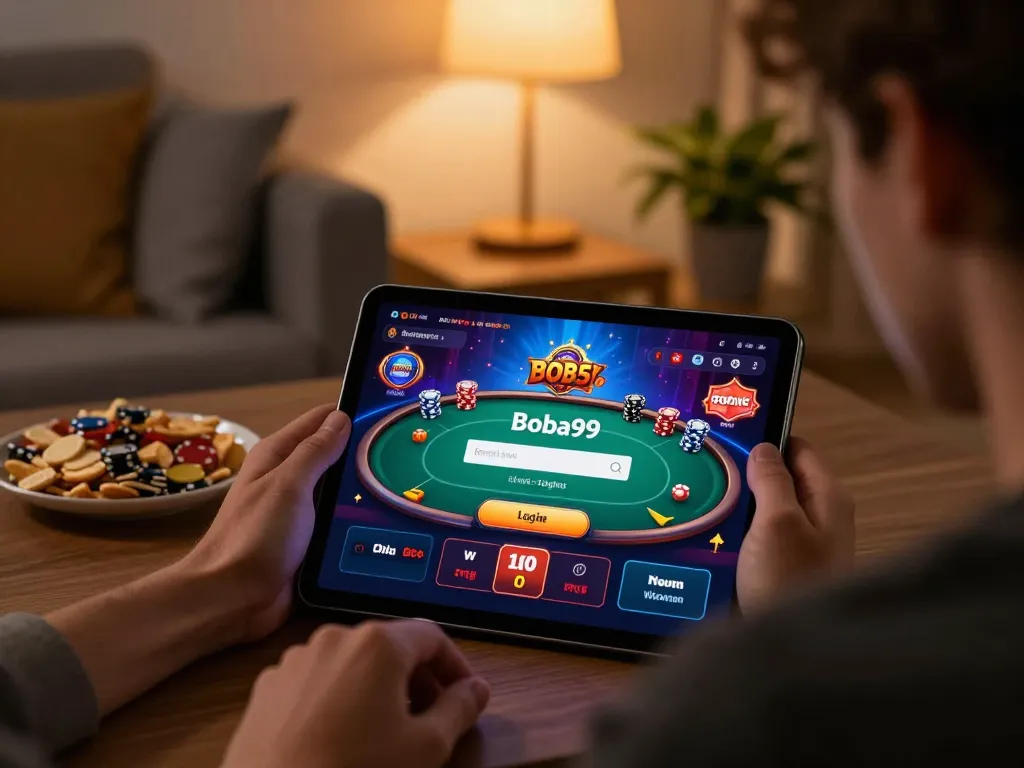 Login Boba99 dengan antarmuka permainan poker yang berwarna-warni di setting rumah yang nyaman untuk permainan online yang bertanggung jawab.