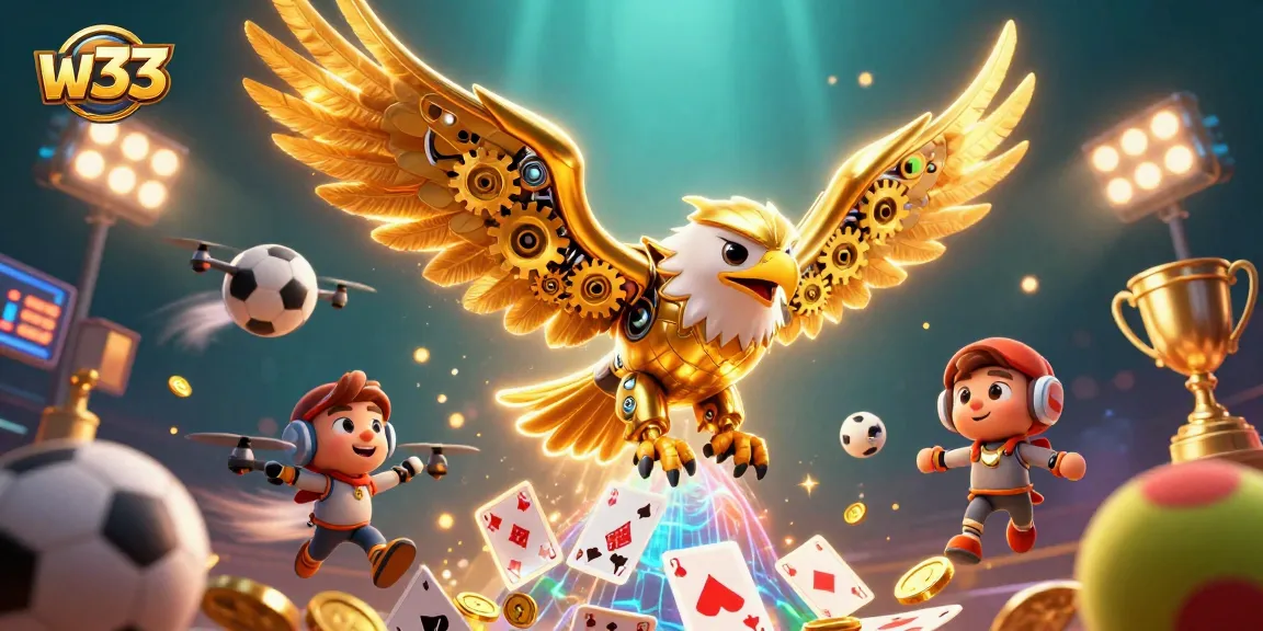 W33 Casino showcases dynamic gaming excitement with golden eagle and sports elements.