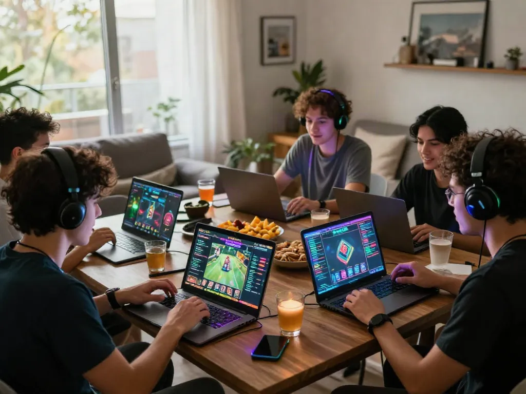 Engaging online gaming moment at HitClub with players using laptops and mobile devices.
