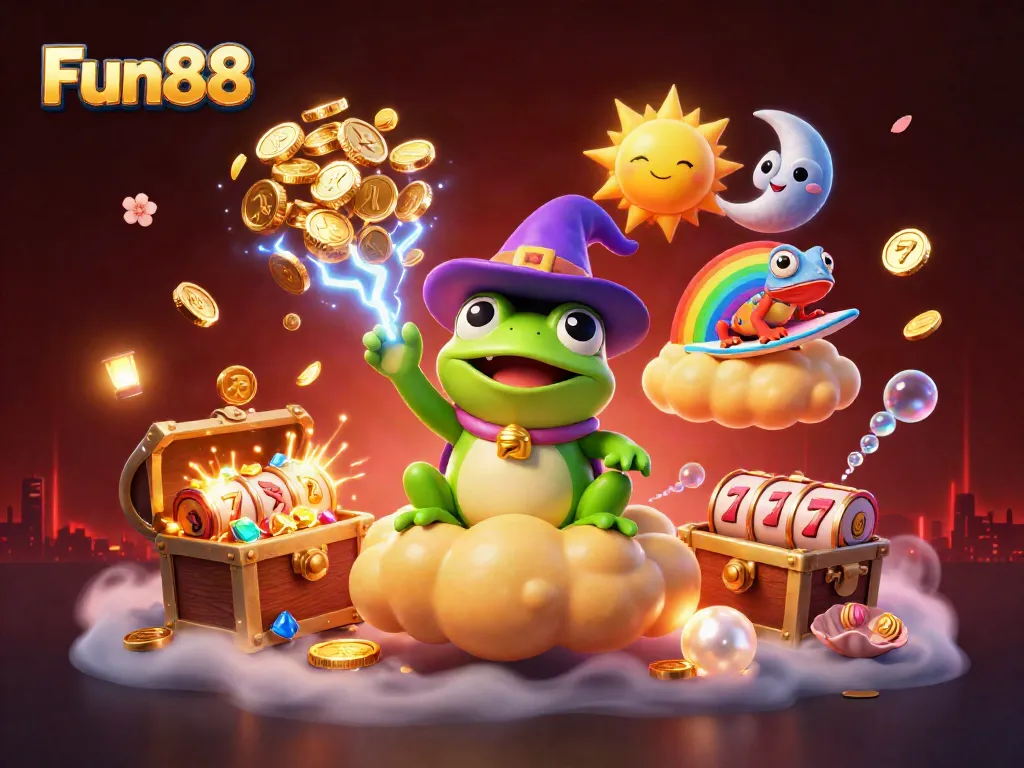 Engage with Fun88's exciting slots as a wizard frog conjures coins amidst vibrant actions.