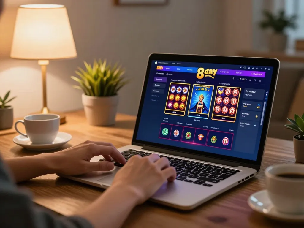 8day users engaging with an online casino app in a cozy home environment.