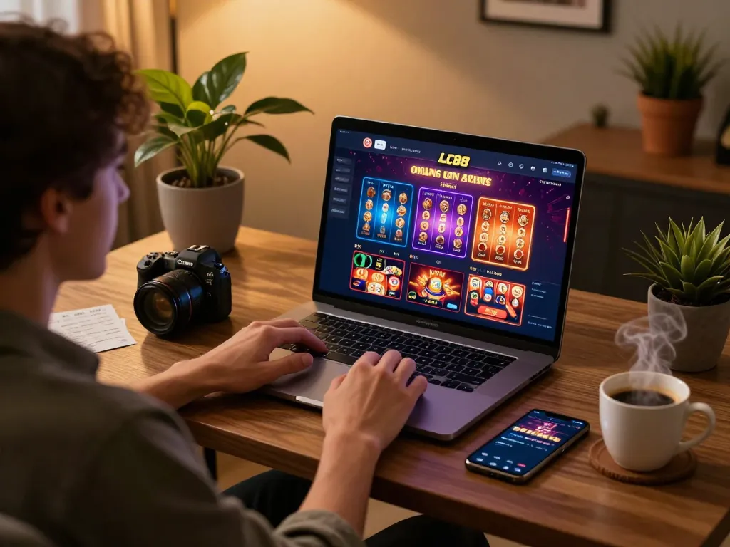 Engaging scene of a player at home using the LC88 link to access online casino games, highlighting a cozy and strategic gambling setup.