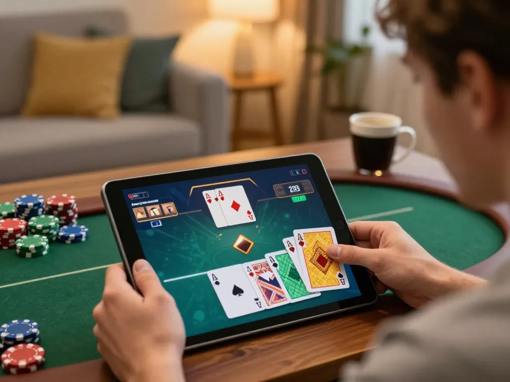 MM88 player enjoying online poker gameplay on tablet in cozy home setting