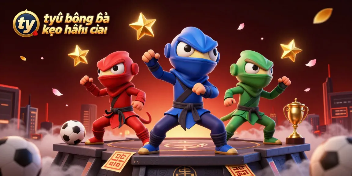 Tỷ lệ bóng đá kèo nhà cái depicted in a vibrant scene with a ninja chameleon team performing martial arts amidst sports betting elements.