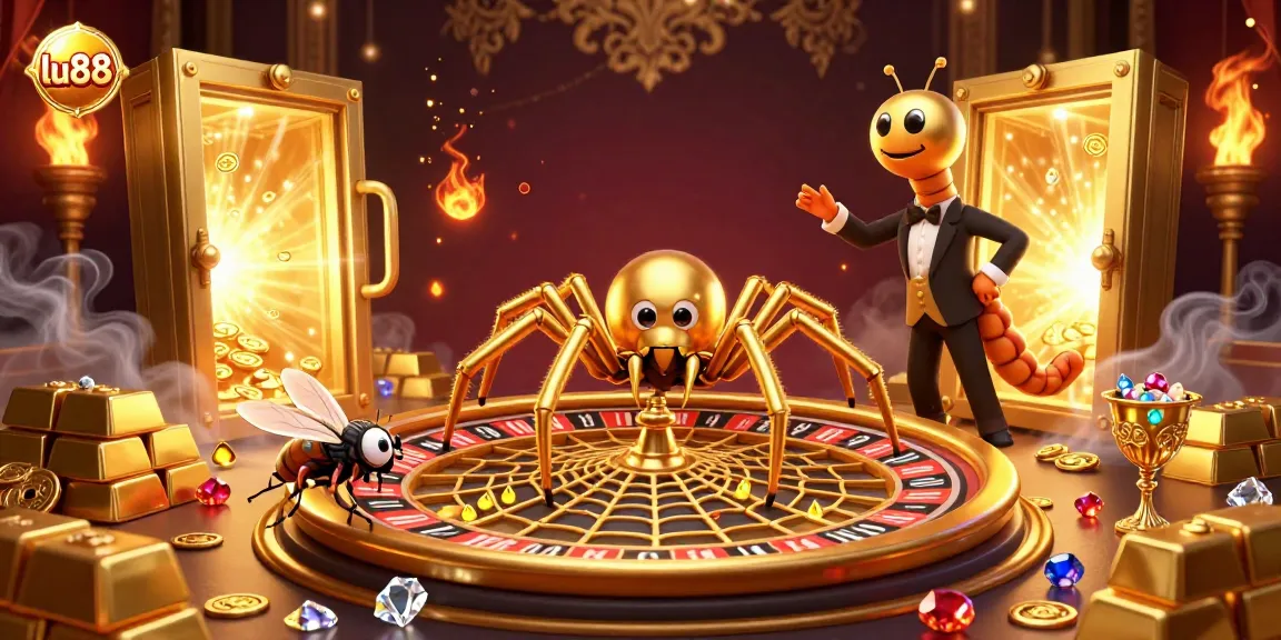 Engaging lu88 casino scene with a golden spider, roulette wheel, and dynamic gambling elements.