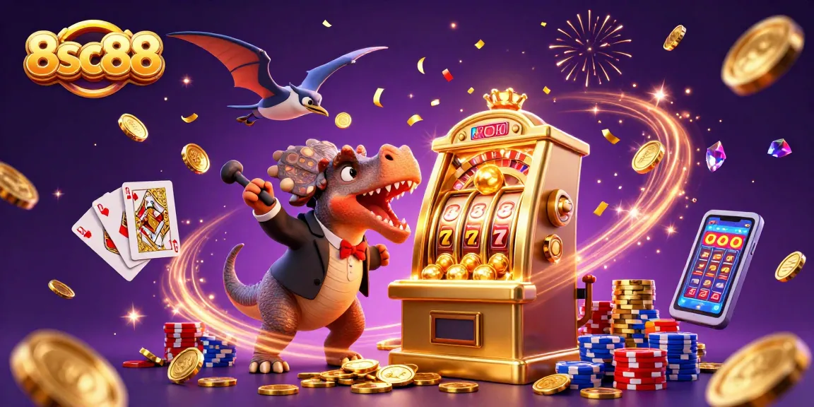 Experience thrilling wins on 8sc88 with cartoon dinosaurs at a lively casino scene!