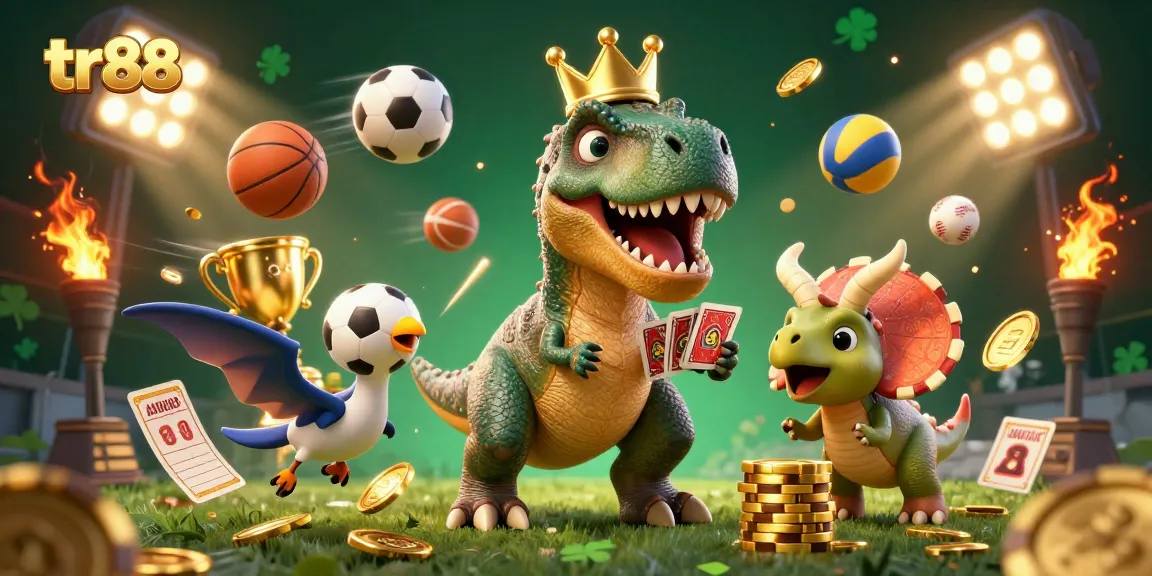 tr88 engaging scene with a T-Rex playing cards, showcasing dynamic basketballs and casino elements