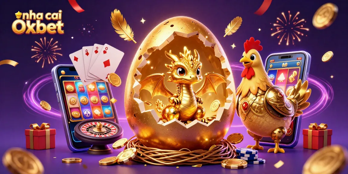 Experience the excitement with nha cai Oxbet as a baby dragon emerges from a golden egg amidst a casino celebration.