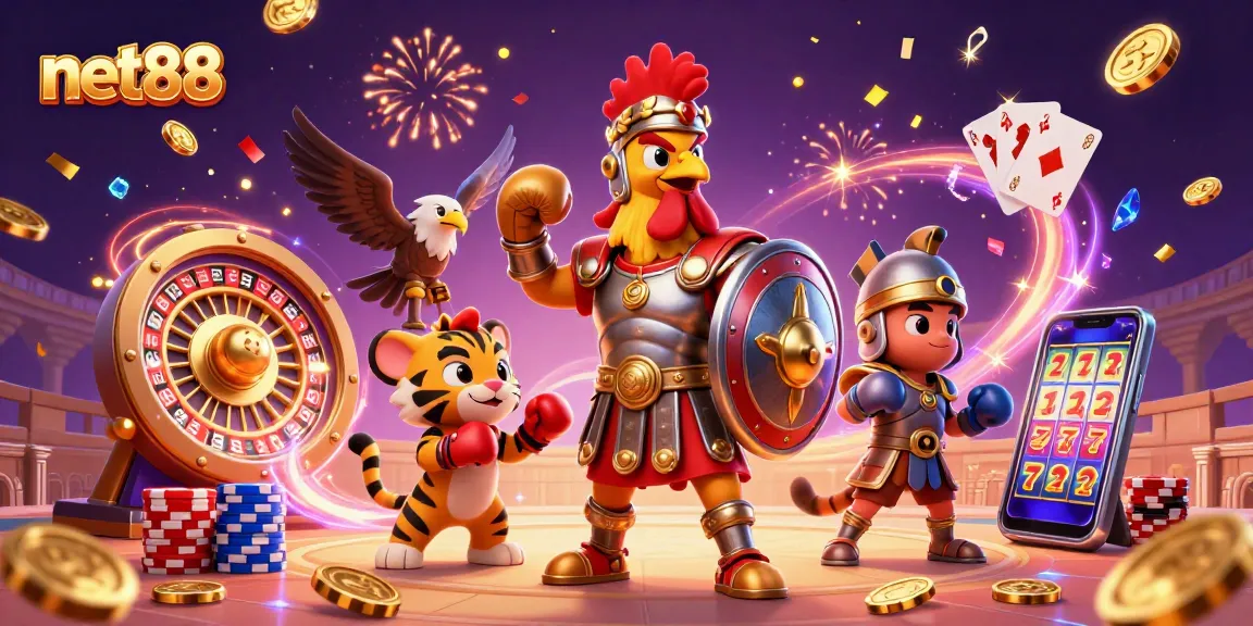Experience thrilling net88 adventures with a gladiator rooster and vibrant casino elements in this dynamic illustration.