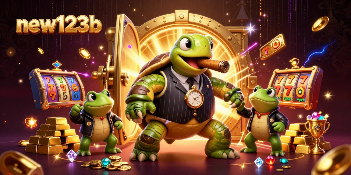 Engage with new123b's vibrant casino scene featuring a unique turtle mobster and frog enforcers.