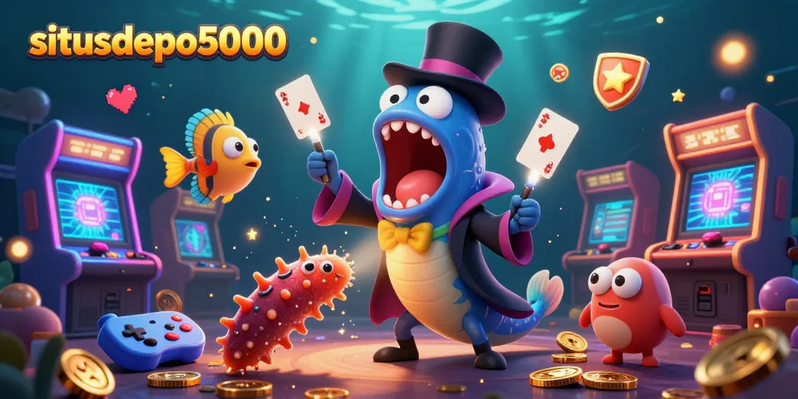 Engage with situsdepo5000's thrilling magic act as a gulper eel performs tricks amidst colorful slot machines.