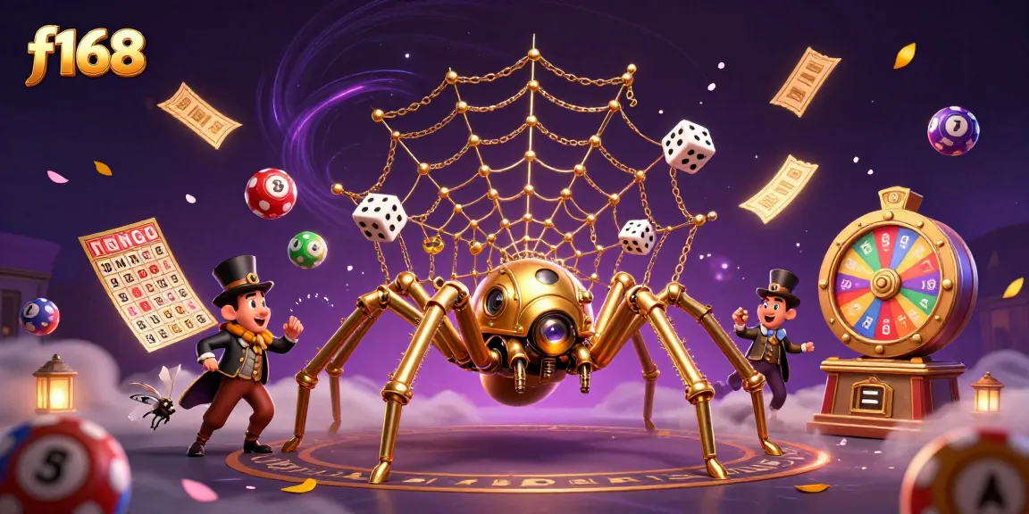 Catch vibrant luck at F168 with a golden spider trapping dice amidst sparkling games of chance.