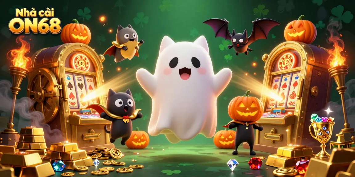 Engage with Nhà cái ON68's vibrant haunted casino scene filled with treasures and animated characters.