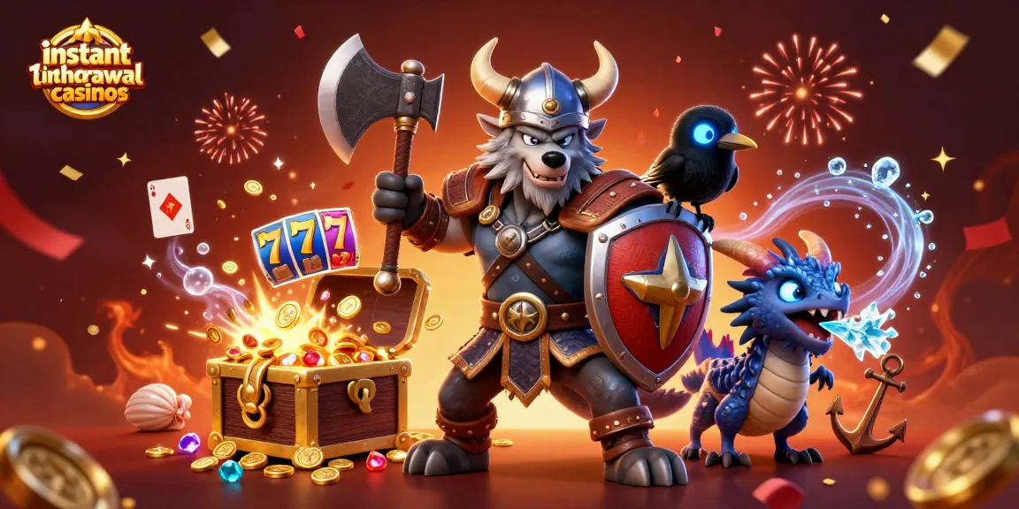 Engage with instant withdrawal casinos and enjoy a thrilling gaming adventure featuring a Viking wolf warrior and dragon.
