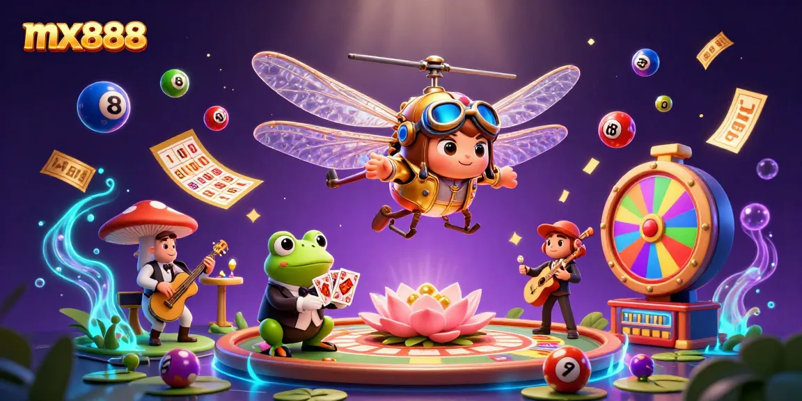 Experience the thrill of mx888 at a dynamic lily pad casino with vibrant gaming elements.
