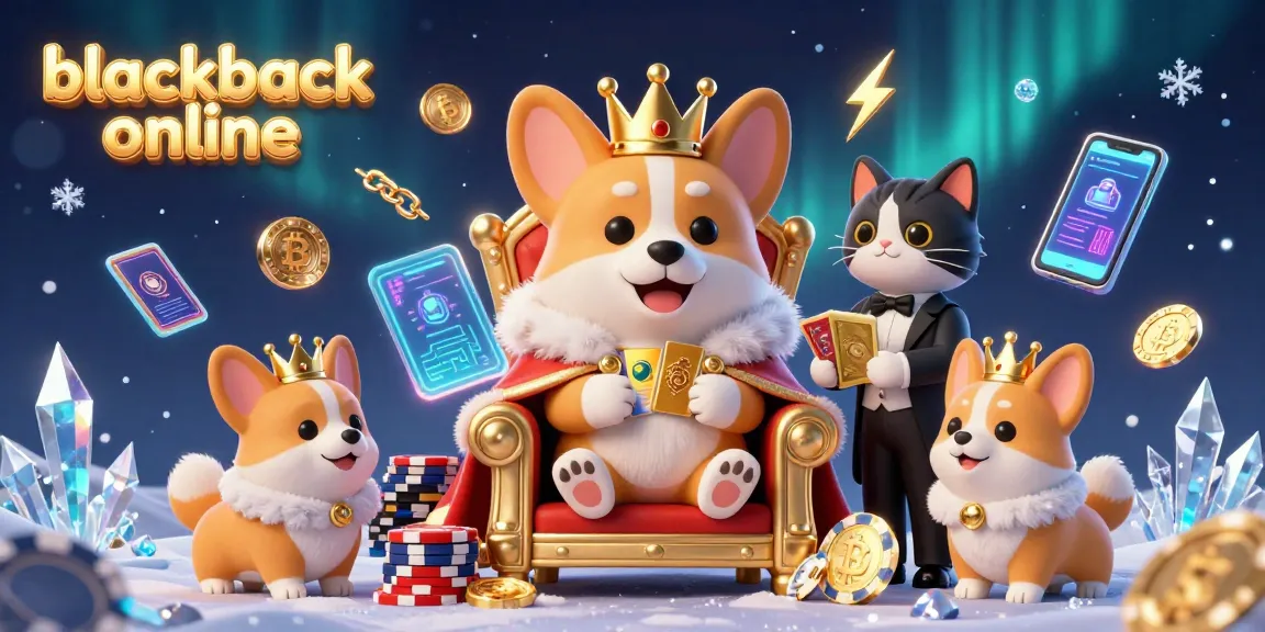 Engage with blackjack online in a vivid, illustrated scene with an enthroned corgi and crypto elements.